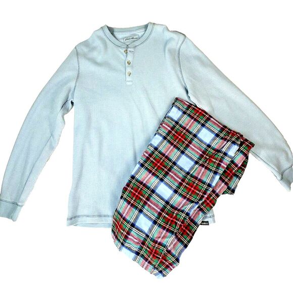 Men's Pj 2Pc. Eddie Bauer Henley M Top Lands end Flannel Pajamas Pants Plaid M/T - Picture 1 of 15